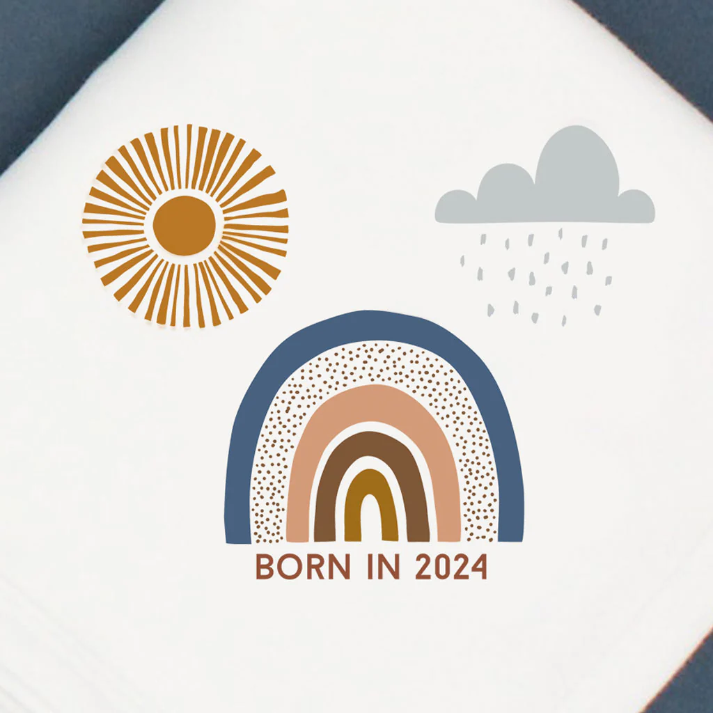 Born In 2024 Boho Rainbow White Cotton Baby Pram Blanket - Image 2