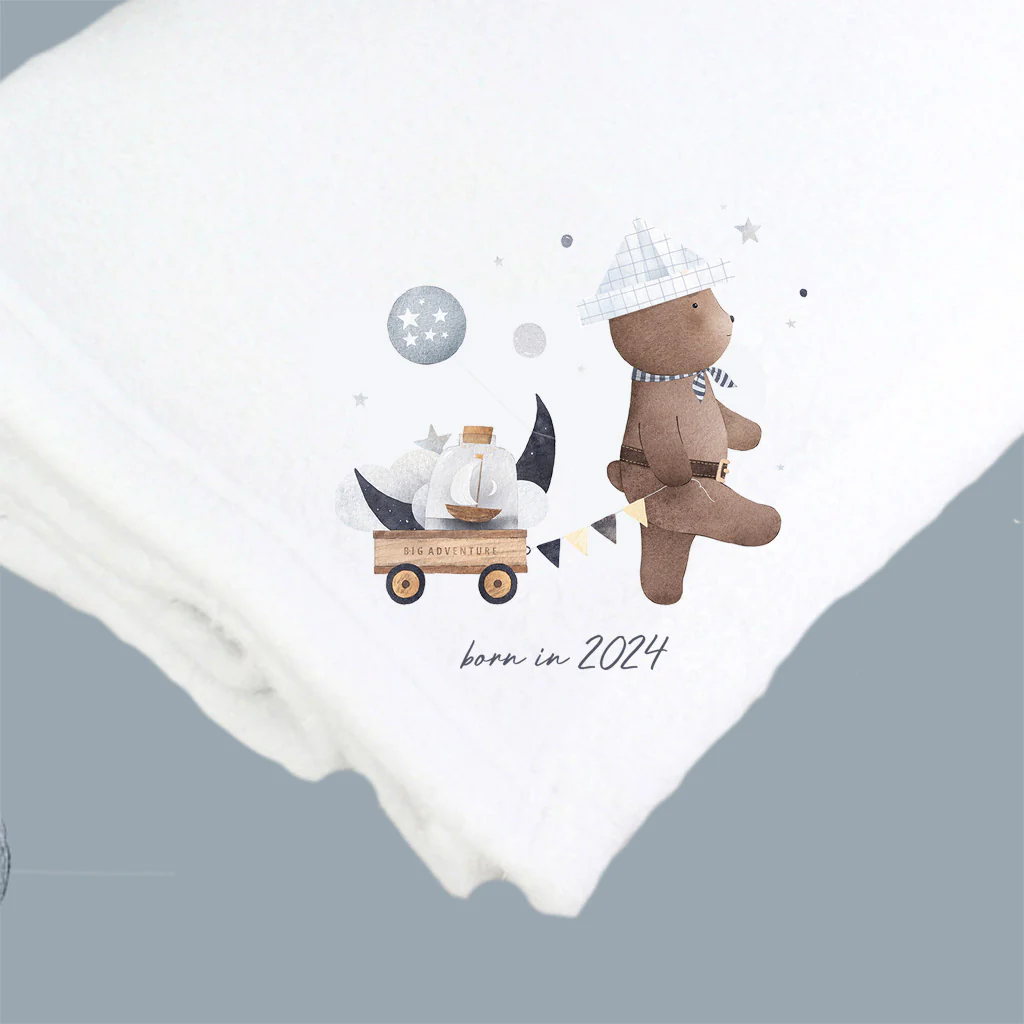 'Born In 2024...Let the Adventure Begin' White Cotton Baby Pram Blanket - Image 2