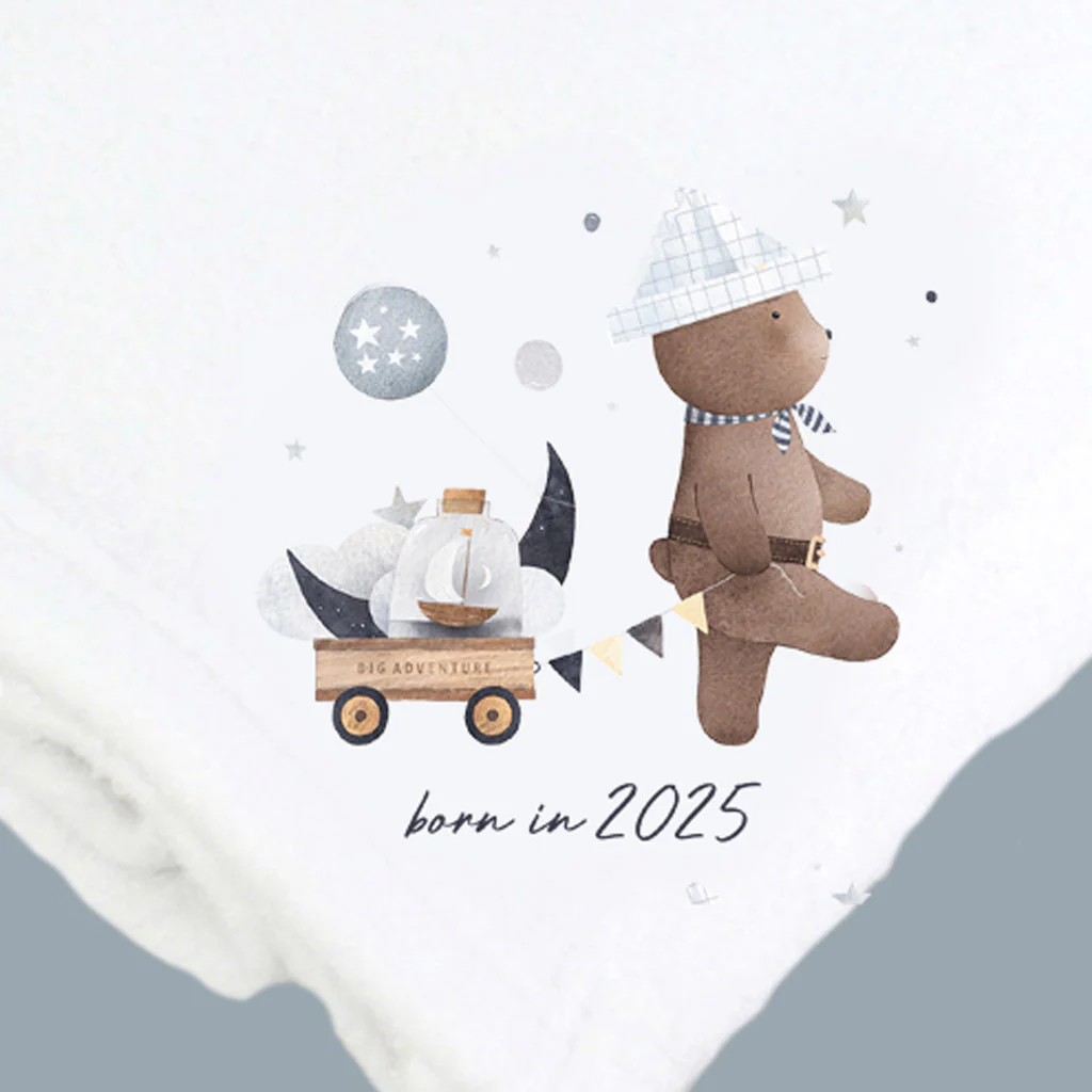 Born In 2025 Cute Bear White Cotton Baby Pram Blanket - Image 2