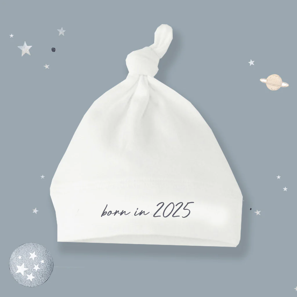 'Born In 2025' White Knotted Hat 0-6 months