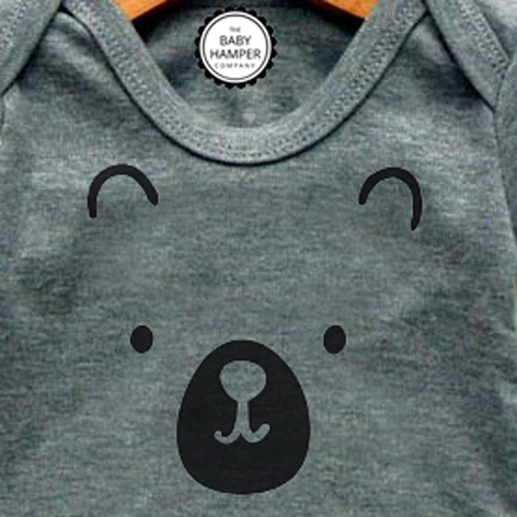 Newborn Baby Bodysuit, Grey, Bear Face Print - Image 2