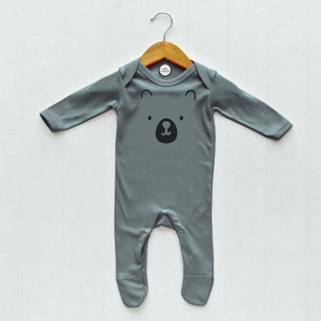 Newborn Baby Sleepsuit, Grey, Bear Face print