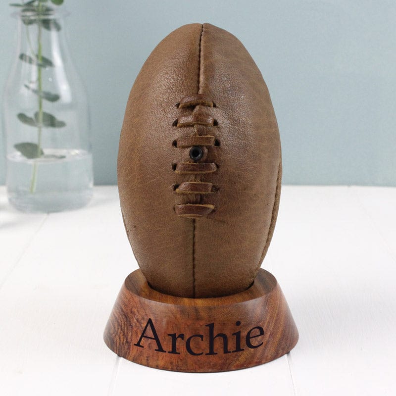 Personalised Vintage Rugby Ball and Stand For Baby
